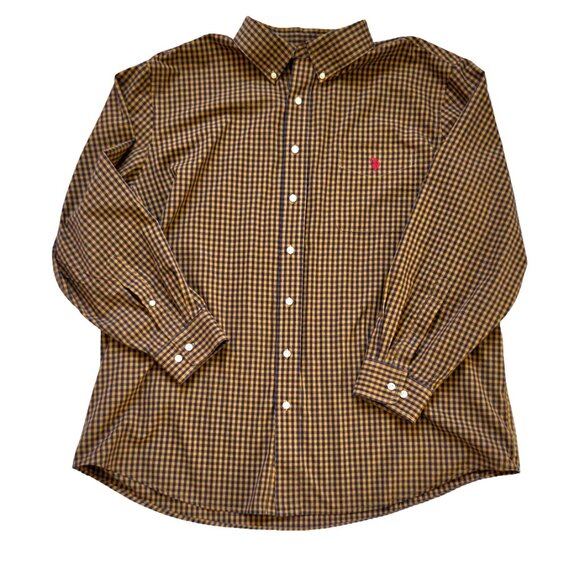 U.S. Polo Assn. Button Down Shirt Men 2XL Brown Gingham Plaid Classic Preppy - Picture 2 of 7